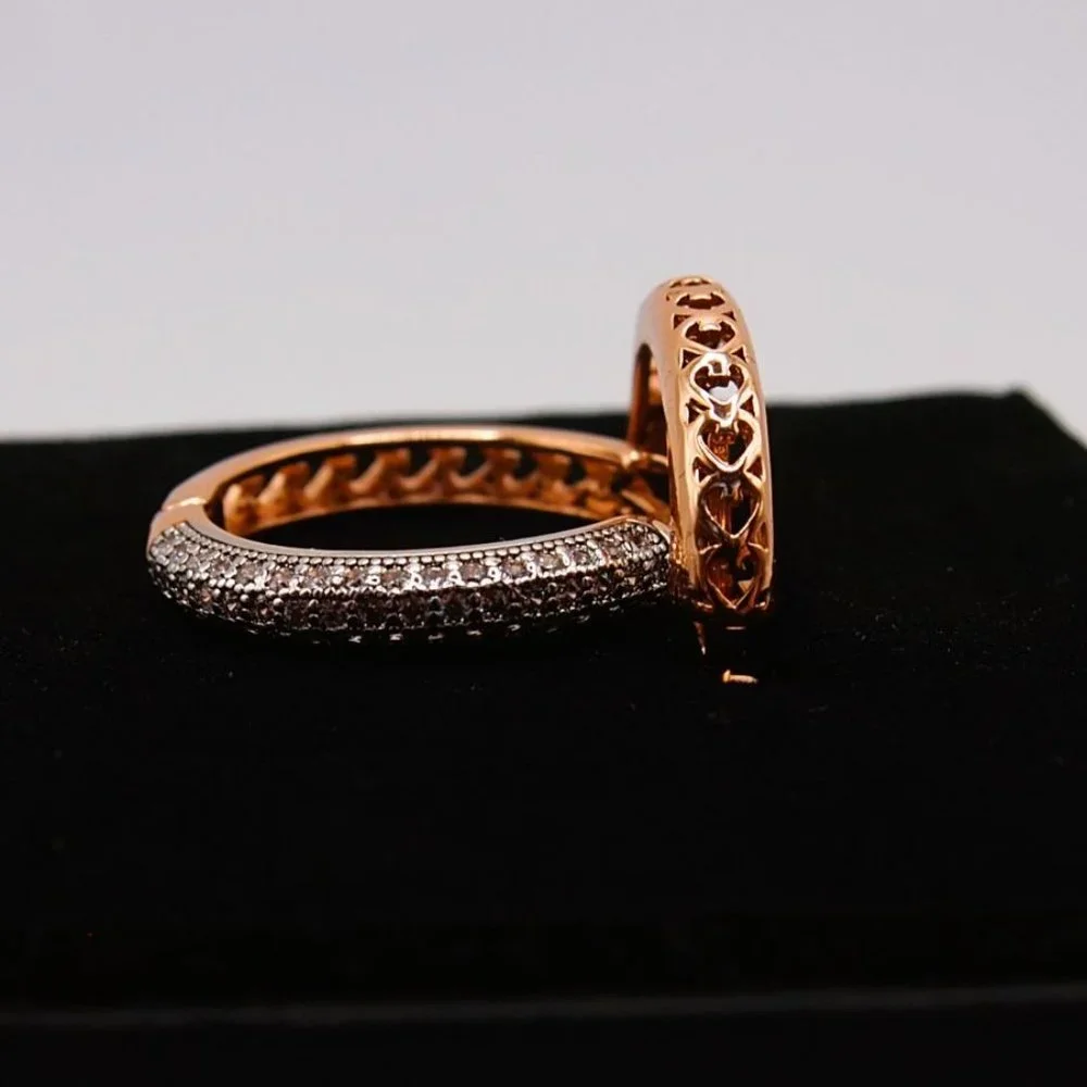 Stunning 18k. Rose Gold Over Sterling Silver 25mm Round Hoop Earrings With CZ's